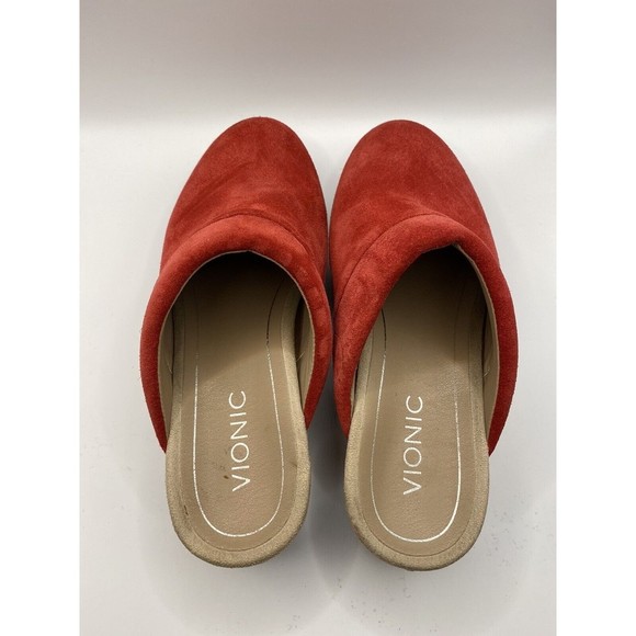 Vionic Womens Kacie Slip On Mules Clogs Sz 6 Red Suede Leather Wood Heel EUC - Picture 1 of 8